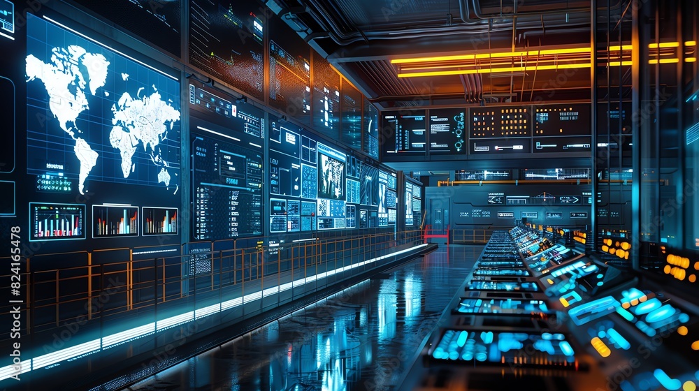 Fototapeta premium Modern control room with advanced digital interfaces and data displays, highlighting high-tech infrastructure and global monitoring technology.