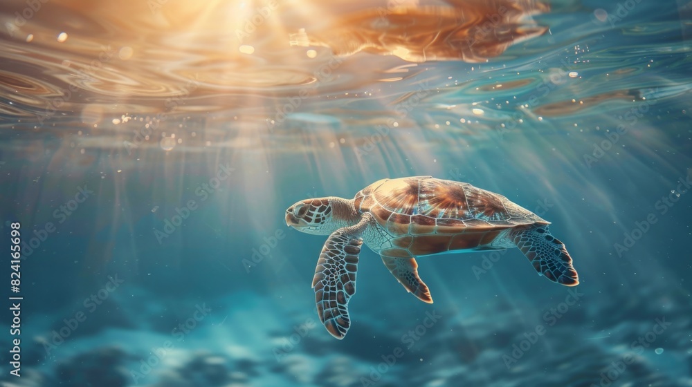 Fototapeta premium Turtle swimming in the ocean with copy space. World turtle day