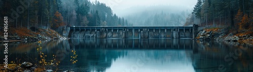 Peaceful misty landscape with a serene dam reflected in the calm waters of a forest lake during autumn.