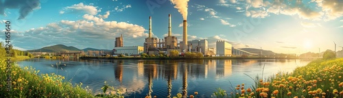 Scenic industrial landscape with a factory near calm water, surrounded by lush green fields and bright flowers under a vibrant sky. #824165640