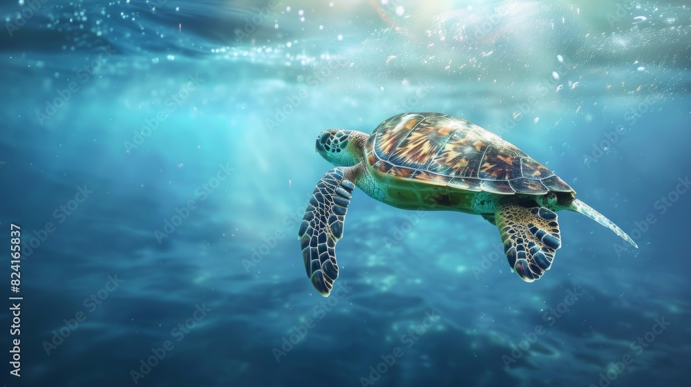 Fototapeta premium Turtle swimming in the ocean with copy space. World turtle day