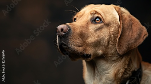Close-up portrait of a golden Labrador Retriever looking attentively against a dark background.