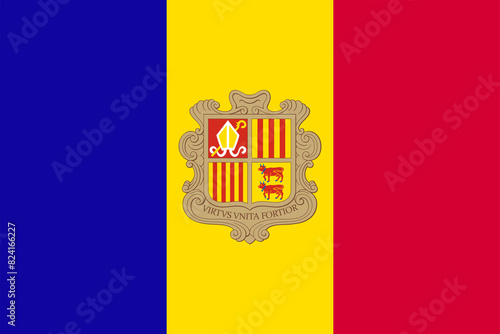 Flag of Andorra. Andorran tricolor with the coat of arms in the center. State symbol of the Principality of Andorra.