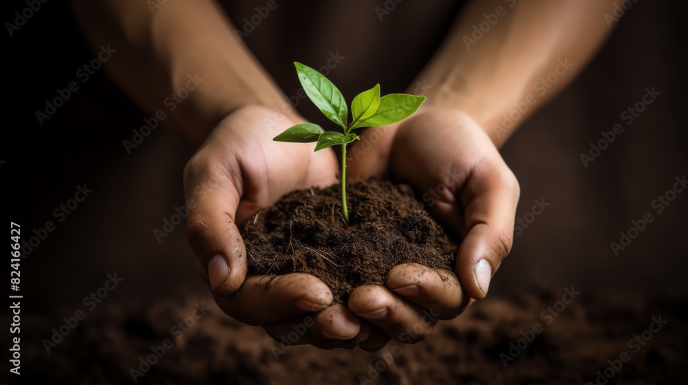 Hands holding a seedling that is about to be planted in the ground, symbolizing environmental protection Hands holding a seedling that is about to be planted in the ground, symbolizing environmental protection