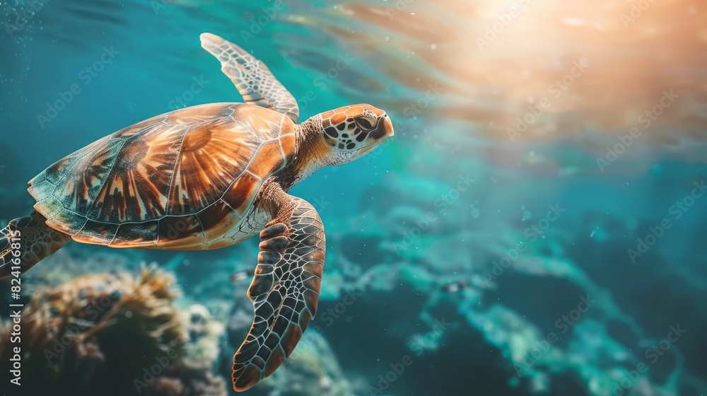 Fototapeta premium Turtle swimming in the ocean with copy space. World turtle day