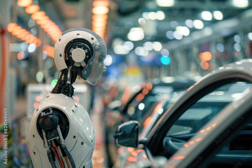 Robot human replacing jobs AI artificial intelligence humanoid, working at automobile factory Robot human replacing jobs AI artificial intelligence humanoid, working at automobile factory