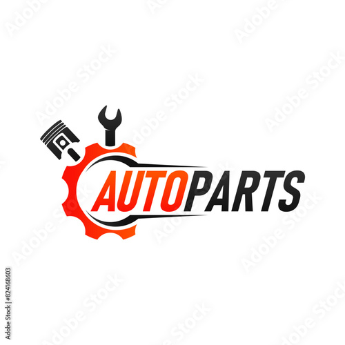Auto parts in gear, auto piston, spark plug and wrench, logo design. Automotive parts, automobile detail