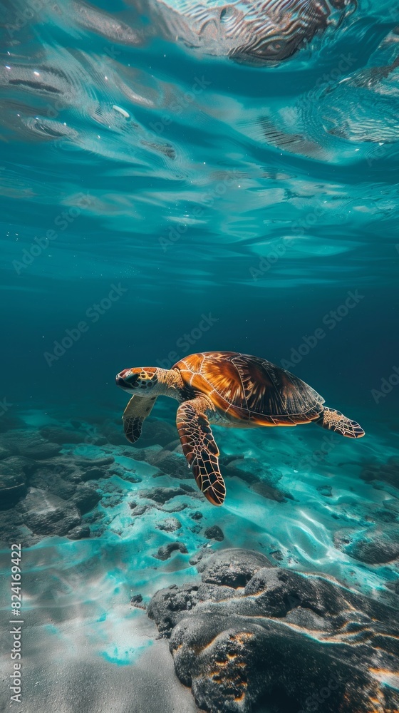 Fototapeta premium Turtle swimming in the ocean with copy space. World turtle day