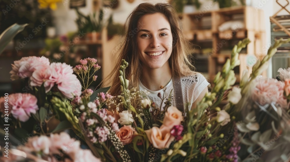 young woman arranging a beautiful bouquet of flowers in a flower shop generative ai