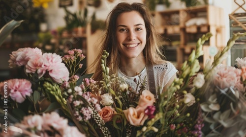 young woman arranging a beautiful bouquet of flowers in a flower shop generative ai © RodolfoJesus