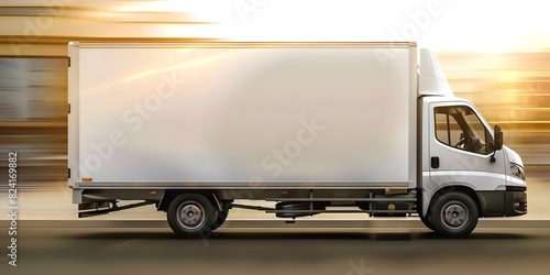 Side view of white delivery truck with advertising showcasing cargo space. Concept Truck Advertising, Cargo space, Delivery vehicle, Transport promotion, Side view