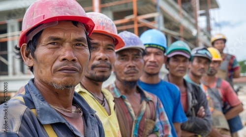 As the project nears completion a group of migrant workers proudly pose for a photo in front of the building symbolizing their hard work and significant contribution.