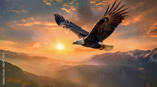 American bald eagle soaring against sunset Colorado sky