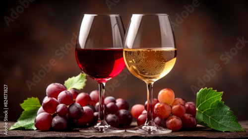 Wallpaper Mural Glasses of wine with bunches of red and green grapes in the background, creating an inviting and elegant setting. Perfect for themes related to wine, vineyards, and gourmet experiences Torontodigital.ca