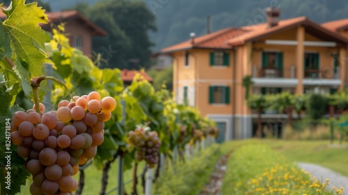 Close-up of ripe grapes on the vine with a vineyard farmhouse in the background at sunset, creating a warm and inviting atmosphere. Perfect for themes related to vineyards, nature and rustic living