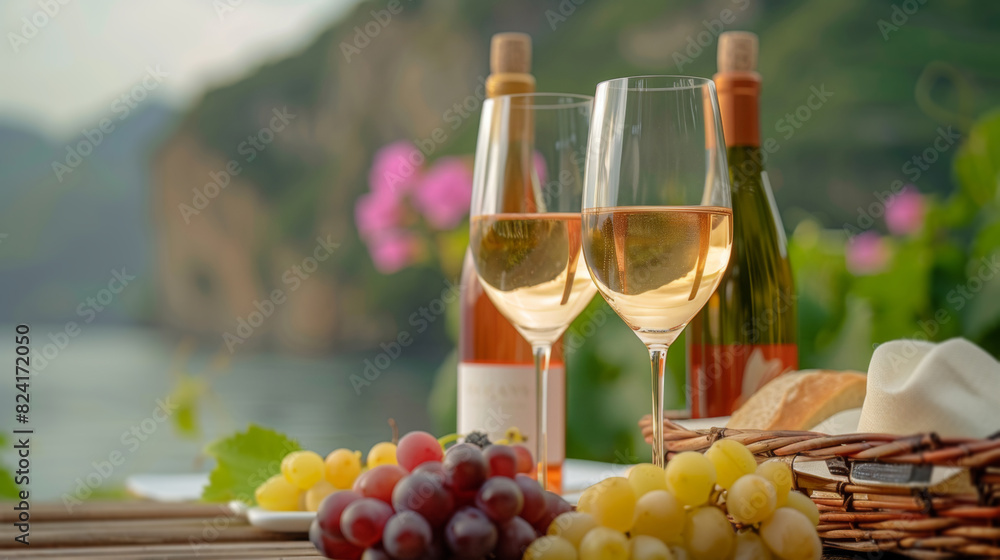 Glasses of wine with bunches of grapes and wine bottles in the background, creating a warm and inviting atmosphere. Perfect for themes related to wine, vineyards and gourmet