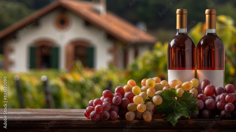 A bottle of wine with ripe grapes and a vineyard in the background at sunset, creating a warm and inviting atmosphere. Perfect for themes related to wine, vineyards and gourmet experiences