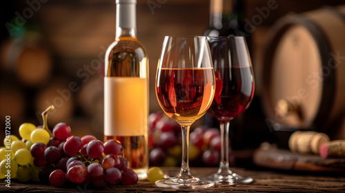Glasses of wine with bunches of grapes and wine bottles in the background  creating a warm and inviting atmosphere. Perfect for themes related to wine  vineyards and gourmet