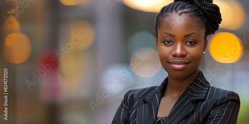 Confident African American business woman in a suit. Concept Professional Photoshoot, Empowering Image, Business Attire, African American Model, Confident Pose photo