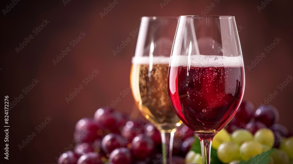 Glasses of wine with bunches of red and green grapes in the background, creating an inviting and elegant setting. Perfect for themes related to wine, vineyards, and gourmet experiences Glasses of wine with bunches of red and green grapes in the background, creating an inviting and elegant setting. Perfect for themes related to wine, vineyards, and gourmet experiences