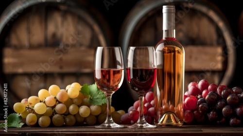 Glasses of wine with bunches of grapes and wine bottles in the background, creating a warm and inviting atmosphere. Perfect for themes related to wine, vineyards and gourmet