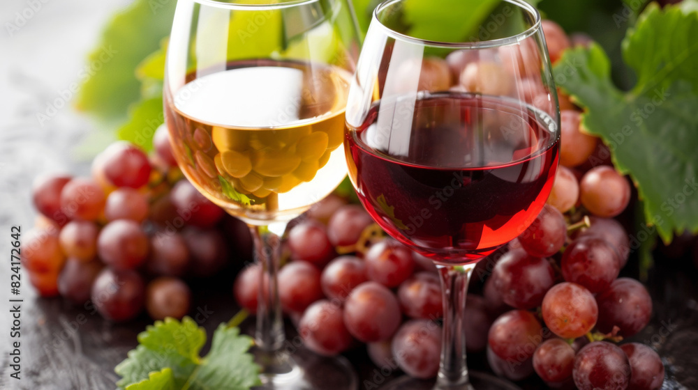 Glasses of wine with bunches of red and green grapes in the background, creating an inviting and elegant setting. Perfect for themes related to wine, vineyards, and gourmet experiences Glasses of wine with bunches of red and green grapes in the background, creating an inviting and elegant setting. Perfect for themes related to wine, vineyards, and gourmet experiences