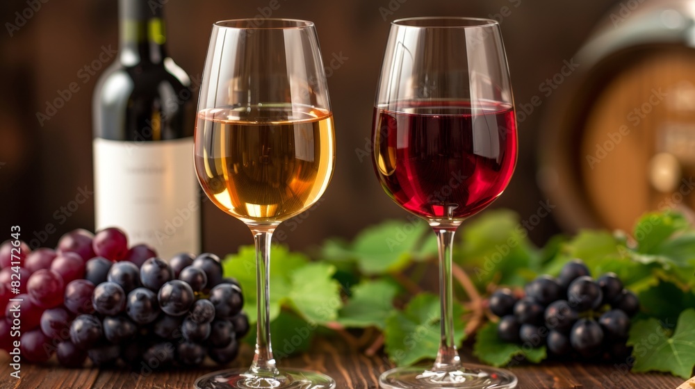 Glasses of wine with bunches of grapes and wine bottles in the background, creating a warm and inviting atmosphere. Perfect for themes related to wine, vineyards and gourmet