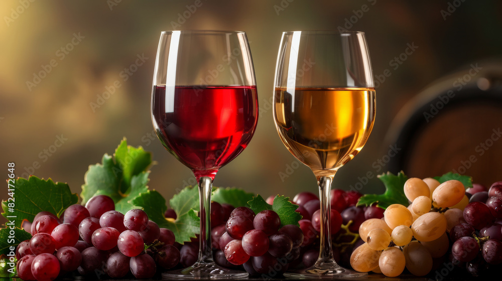 Glasses of wine with bunches of red and green grapes in the background, creating an inviting and elegant setting. Perfect for themes related to wine, vineyards, and gourmet experiences Glasses of wine with bunches of red and green grapes in the background, creating an inviting and elegant setting. Perfect for themes related to wine, vineyards, and gourmet experiences