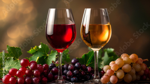 Glasses of wine with bunches of red and green grapes in the background  creating an inviting and elegant setting. Perfect for themes related to wine  vineyards  and gourmet experiences