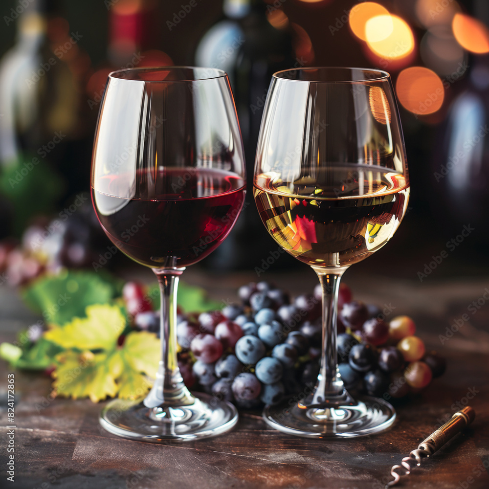 Glasses of wine with bunches of red and green grapes in the background, creating an inviting and elegant setting. Perfect for themes related to wine, vineyards, and gourmet experiences