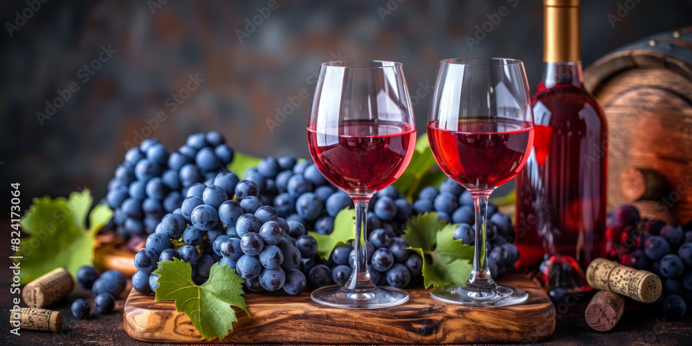 Glasses of wine with bunches of grapes and wine bottles in the background, creating a warm and inviting atmosphere. Perfect for themes related to wine, vineyards and gourmet