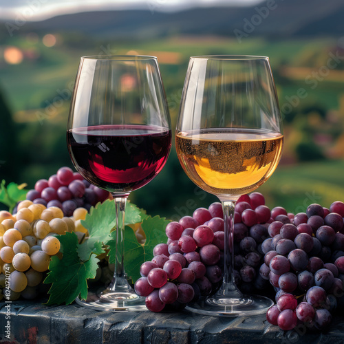 Wallpaper Mural Glasses of wine with bunches of red and green grapes in the background, creating an inviting and elegant setting. Perfect for themes related to wine, vineyards, and gourmet experiences Torontodigital.ca