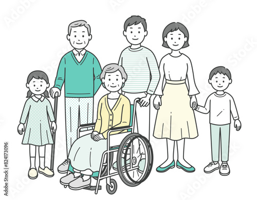 車いすのお婆さんを介助する三世代家族が集合した全身イラスト