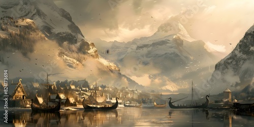 Experience Nordic Viking village with fearless warriors majestic longships and snowy mountains. Concept Nordic Viking Village, Fearless Warriors, Majestic Longships, Snowy Mountains photo