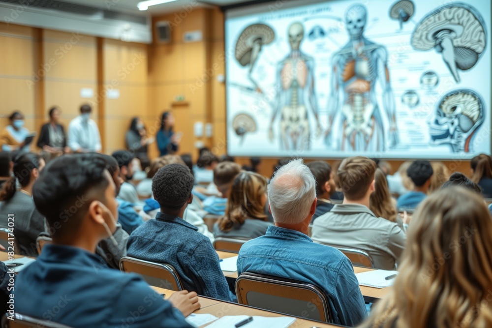 Obraz premium A group of students attentively observe a wall filled with detailed anatomical drawings in a classroom setting.