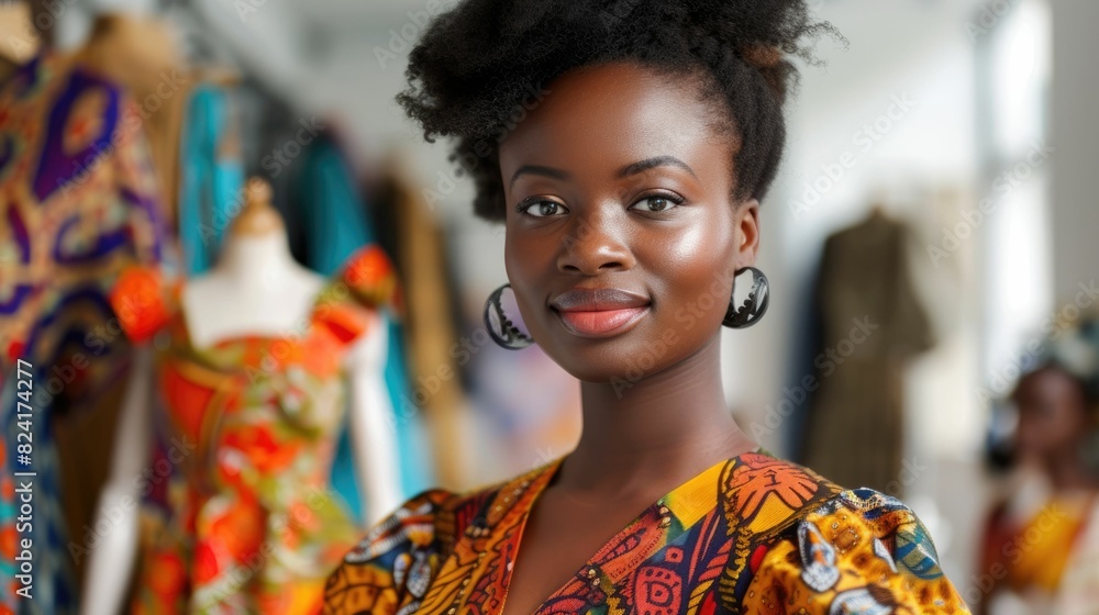 The picture of the african american female is working as fashion designer inside her own workshop, the fashion design also require skill like creativity, cultural awareness and time management. AIG43.