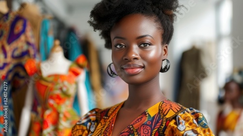 The picture of the african american female is working as fashion designer inside her own workshop, the fashion design also require skill like creativity, cultural awareness and time management. AIG43.