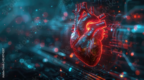 Abstract visualization of cardiovascular disease with erratic heartbeats, Cyberpunk, Neon Colors, High Detail, Highlighting heart irregularities photo