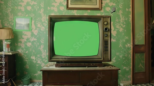 vintage green screen tv on antique wooden cabinet in oldfashioned home retro technology photo