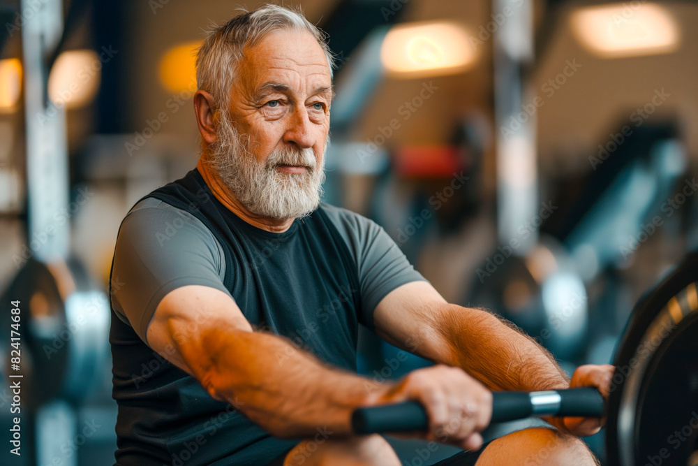 Active senior man doing an exercise on a rowing machine in a gym Active senior man doing an exercise on a rowing machine in a gym