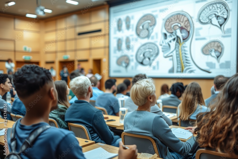 A group of students attentively observe a wall filled with detailed anatomical drawings in a classroom setting. A group of students attentively observe a wall filled with detailed anatomical drawings in a classroom setting.