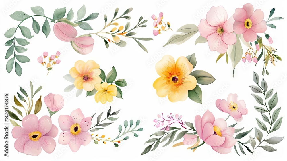 watercolor bouquets with pink and yellow wildflowers leaves and branches botanical illustration set watercolor bouquets with pink and yellow wildflowers leaves and branches botanical illustration set