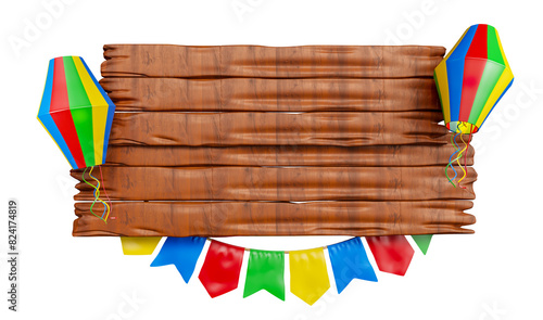 Fototapeta Naklejka Na Ścianę i Meble -  Wooden frame with flags and balloon for Festa Junina in Brazil in 3d render with transparent background