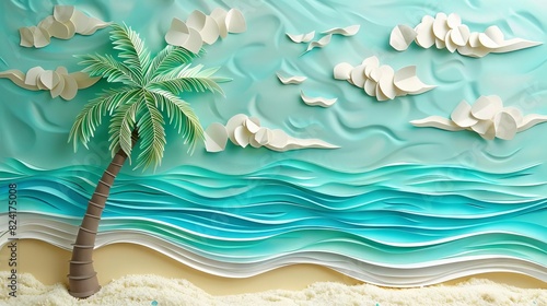 whimsical summer escape paper art tropical beach scene with swaying palm tree and turquoise ocean