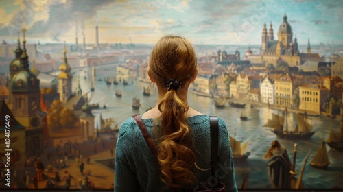A woman admires a classical painting of a cityscape enhanced with realtime information and data about the city in the Augmented Reality Art Gallery. photo