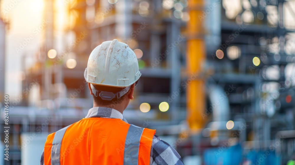 Unrecognizable engineering foreman with safety helmet looking at construction site of large factory generative ai Unrecognizable engineering foreman with safety helmet looking at construction site of large factory generative ai