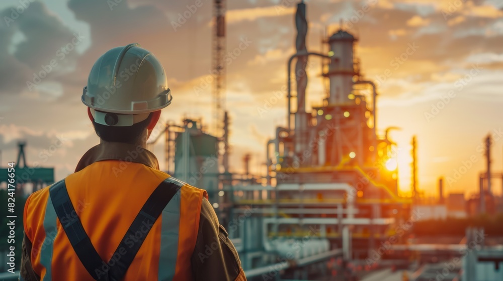 Unrecognizable engineering foreman with safety helmet looking at construction site of large factory generative ai Unrecognizable engineering foreman with safety helmet looking at construction site of large factory generative ai