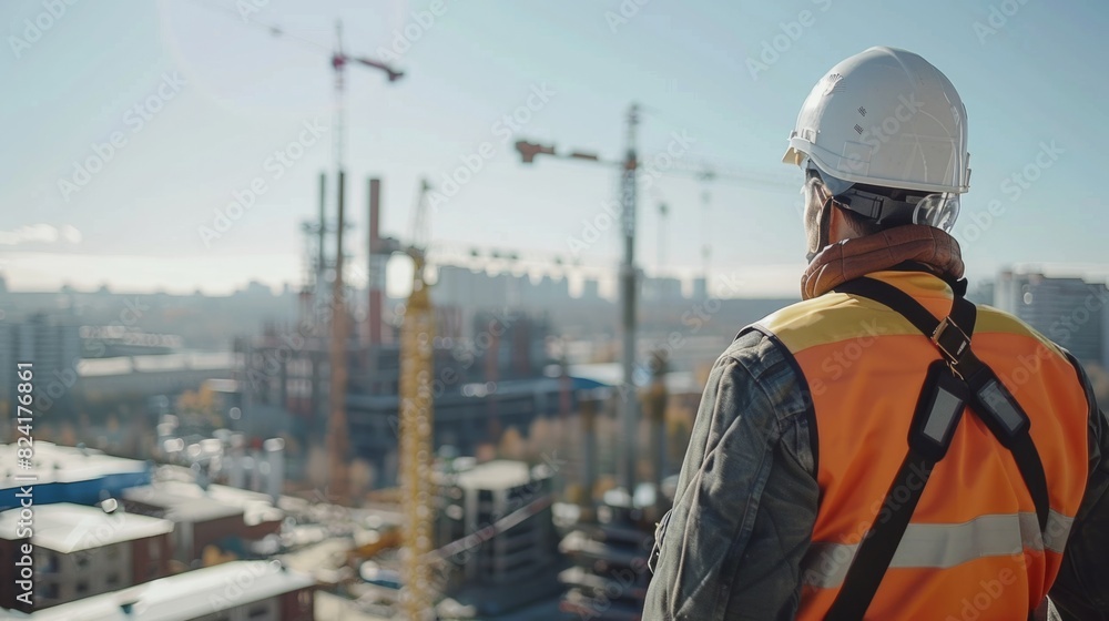 Unrecognizable engineering foreman with safety helmet looking at construction site of large factory generative ai Unrecognizable engineering foreman with safety helmet looking at construction site of large factory generative ai