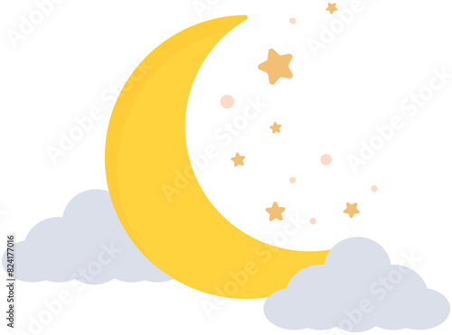 Crescent moon, golden stars and blue clouds isolated on white background.