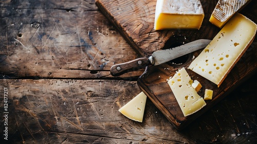 Top view of a variety of cheeses on a wooden cutting board with a knife. The cheeses have different textures and colors. photo